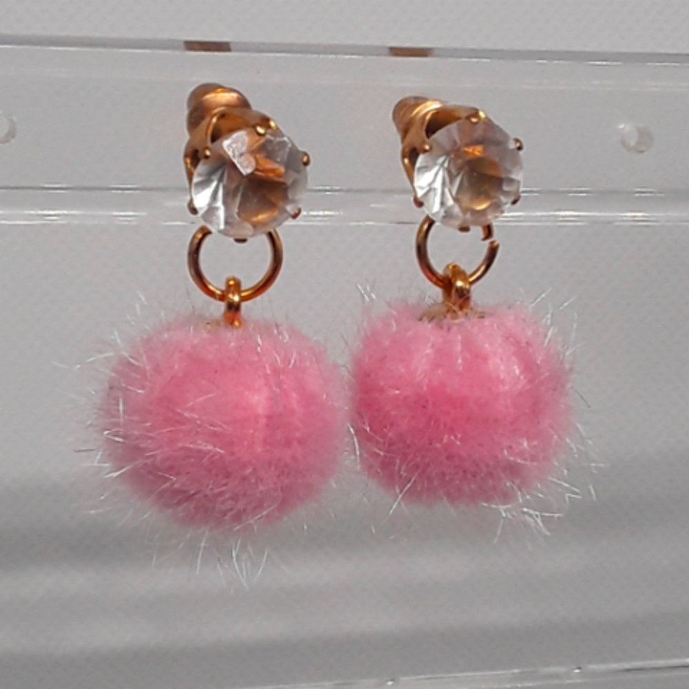 Pink Fuzzy Silver Tinsel Pom-Pom Earrings Crystal Rhinestone Stud Accent
